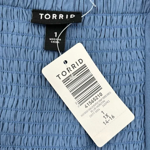 NWT Torrid Blue Maxi Challis Ruffle Strap Tiered Dress w/Pockets Size 1X - Picture 10 of 12